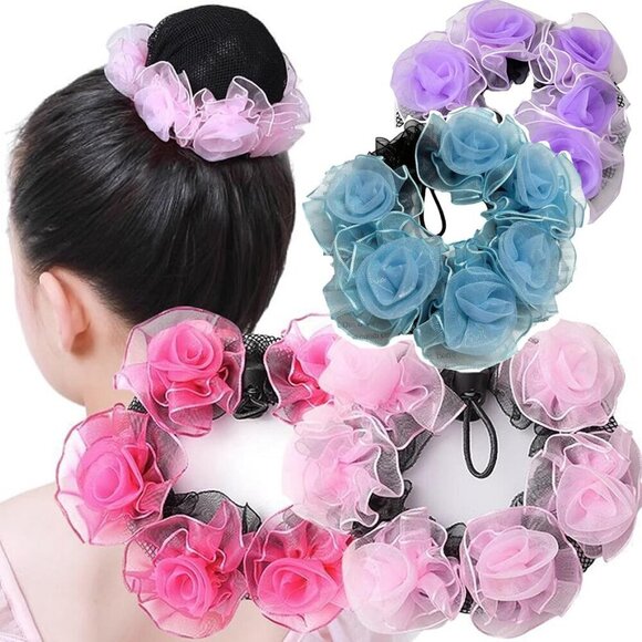 Hair Nets 4pcs Colored Elastic Covers with Flowers for Girls Dancers Skating main image 6